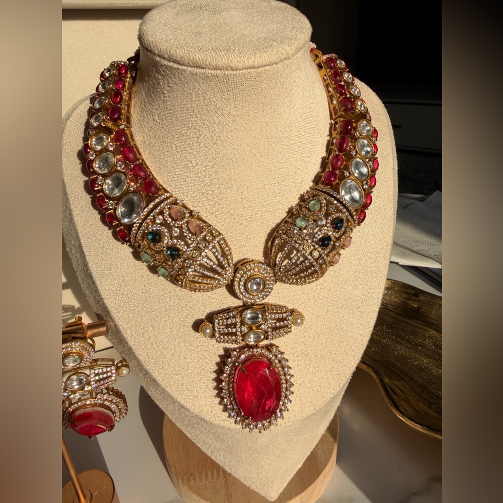 Emerald Ruby Style Gold-Plated Traditional Indian inspired Necklace Set Jewelry